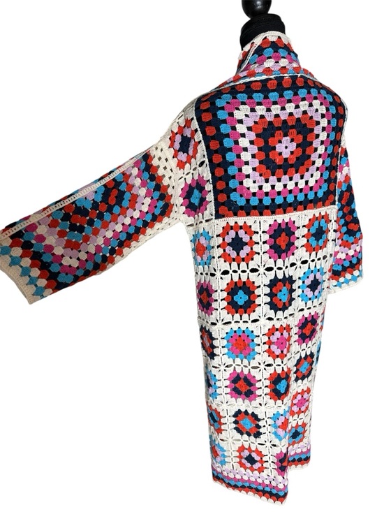Sweaters - Crochet Granny Square Long Open Front Cardigan Duster Boho Cream Red Blue Medium